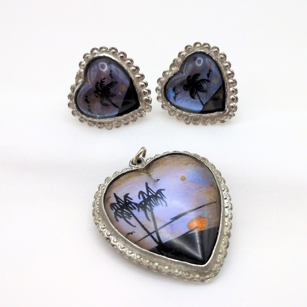 VTG Real Morpho Blue Black Butterfly Wing Heart Screw Back Earrings, Pendant Set